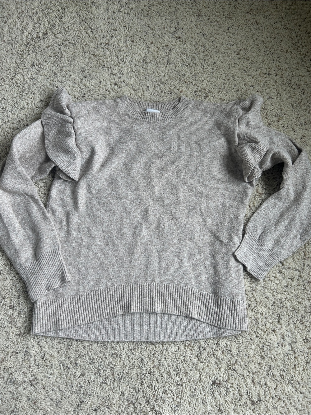 Old Navy Taupe Ruffle Shoulder Crewneck Sweater